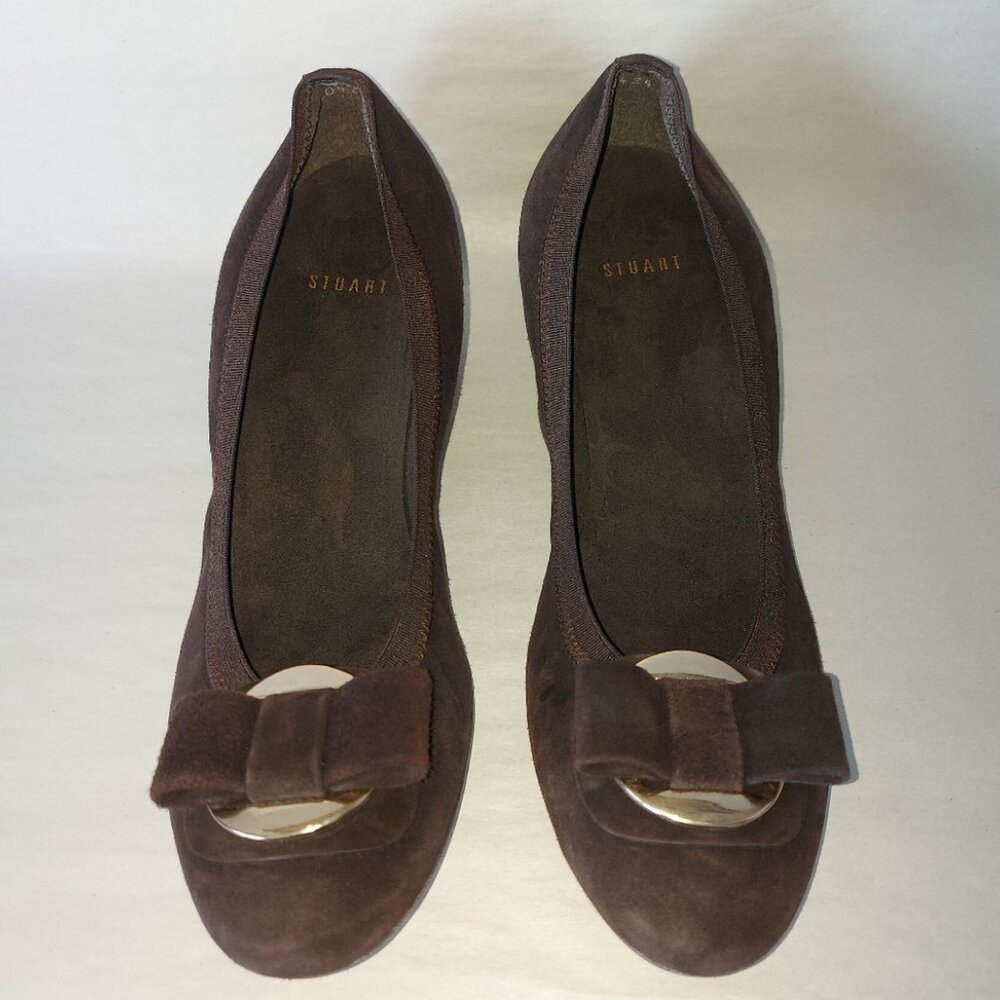Stuart Weitzman Beaudelair Retro Suede Wedge Pump Size 8 Bow Low Heel Slip-on - Picture 12 of 13